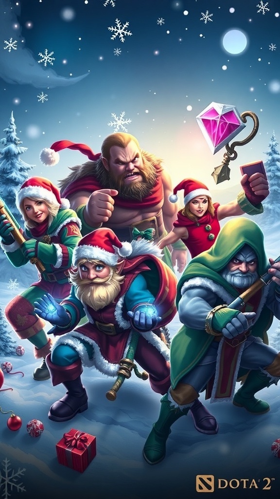 Dota 2 heroes in Christmas outfits with a winter landscape background.